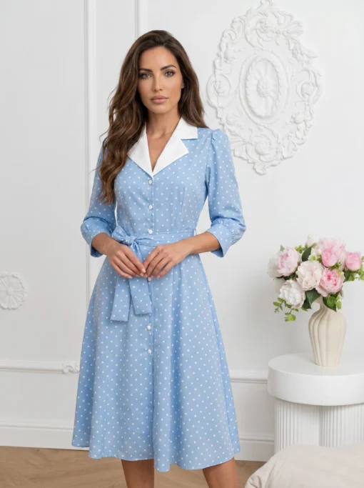 rochie-midi-eleganta-rosie-cu-buline-si-aspect-satinat