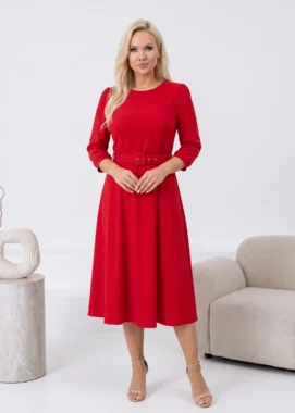 Rochie midi eleganta rosie cu curea in talie