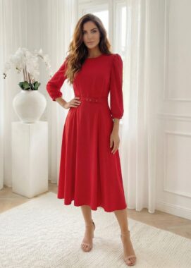 Rochie midi eleganta rosie cu curea in talie