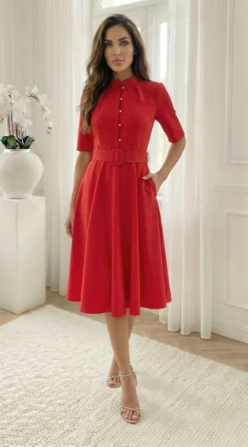 rochie-midi-eleganta-rosie-cu-nasturi-tip-perla-si-curea