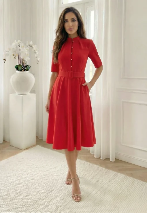rochie-midi-eleganta-rosie-cu-nasturi-tip-perla-si-curea