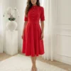 rochie-midi-eleganta-rosie-cu-nasturi-tip-perla-si-curea