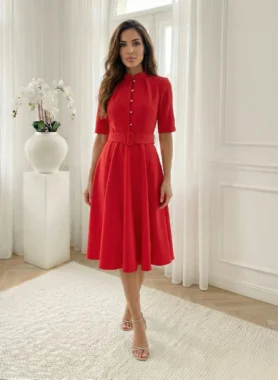 Rochie midi eleganta rosie cu nasturi tip perla si curea