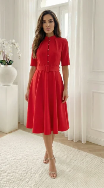 rochie-midi-eleganta-rosie-cu-nasturi-tip-perla-si-curea