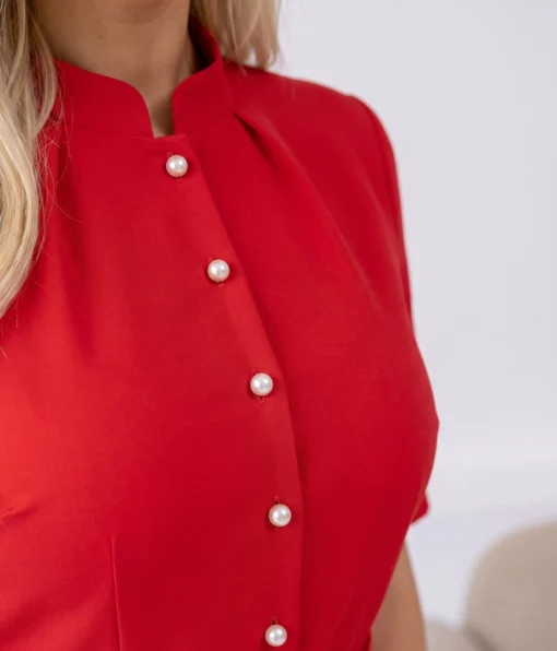 rochie-midi-eleganta-rosie-cu-nasturi-tip-perla-si-curea