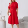 rochie-midi-eleganta-rosie-cu-nasturi-tip-perla-si-curea