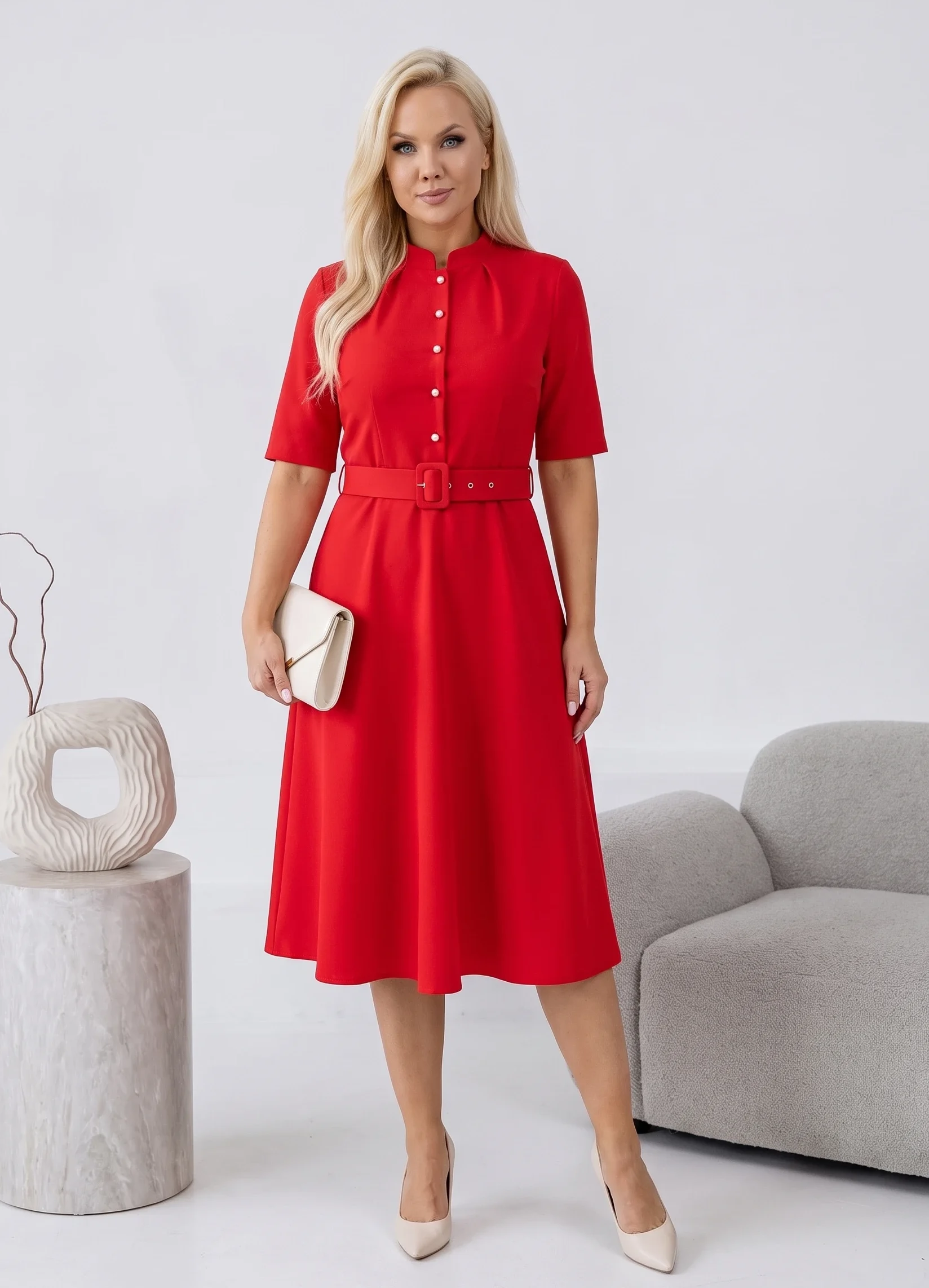 Rochie midi eleganta rosie cu nasturi tip perla si curea