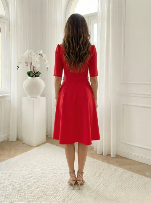 rochie-midi-eleganta-rosie-cu-nasturi-tip-perla-si-curea