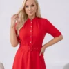 rochie-midi-eleganta-rosie-cu-nasturi-tip-perla-si-curea