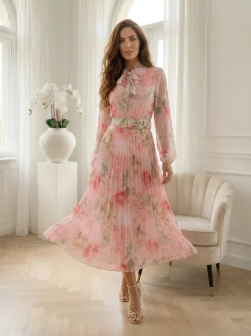 rochie-midi-eleganta-roz-cu-imprimeu-floral-si-fusta-plisata