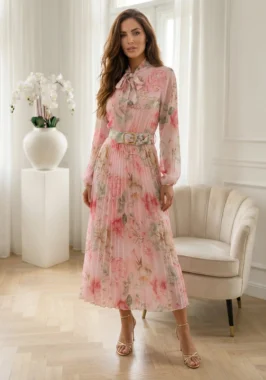 Rochie midi eleganta roz cu imprimeu floral si fusta plisata