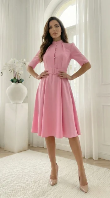 rochie-midi-eleganta-roz-cu-nasturi-tip-perla-si-curea