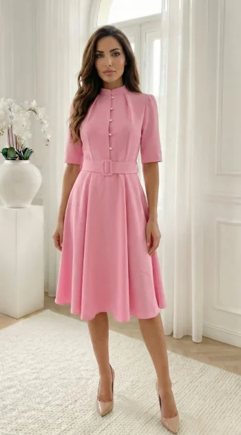 rochie-midi-eleganta-roz-cu-nasturi-tip-perla-si-curea