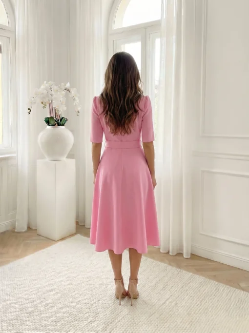 rochie-midi-eleganta-roz-cu-nasturi-tip-perla-si-curea