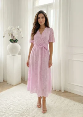Rochie midi eleganta roz cu textura florala