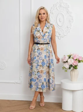 Rochie midi eleganta tip sacou cu imprimeu floral si curea