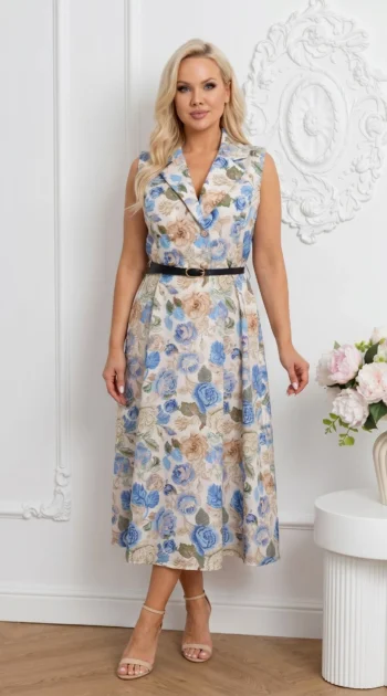 rochie-midi-eleganta-tip-sacou-cu-imprimeu-floral-si-curea