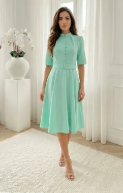 Rochie midi eleganta verde menta cu nasturi tip perla si curea