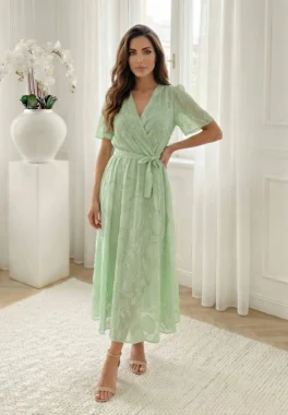 Rochie midi eleganta verde menta cu textura florala