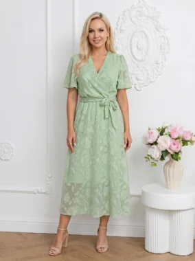 Rochie midi eleganta verde menta cu textura florala