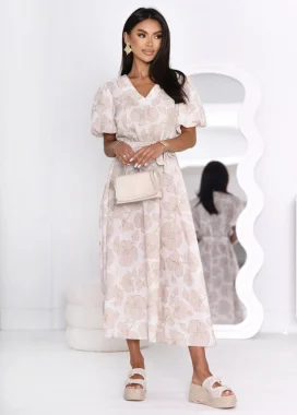 Rochie midi florala alb-bej