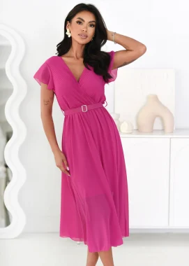 Rochie midi fucsia cu decolteu petrecut si curea in talie