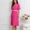 rochie-midi-fucsia-din-vascoza-cu-curea-in-talie-si-maneci-bufante
