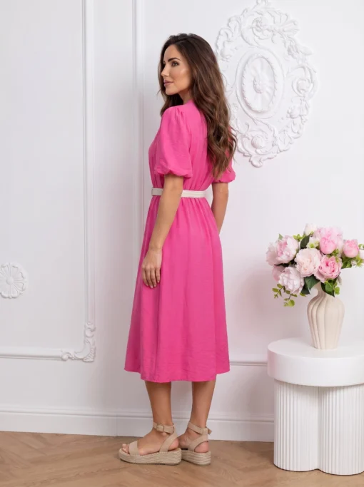 rochie-midi-fucsia-din-vascoza-cu-curea-in-talie-si-maneci-bufante