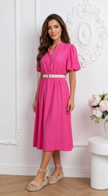 rochie-midi-fucsia-din-vascoza-cu-curea-in-talie-si-maneci-bufante