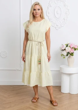 Rochie midi galben pai in dungi fine cu volane si cordon subtire impletit