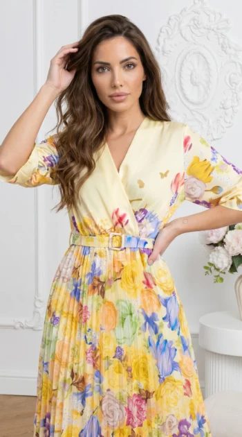 rochie-midi-galbena-plisata-cu-imprimeu-floral