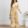 rochie-midi-galbena-plisata-cu-imprimeu-floral