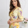 rochie-midi-galbena-plisata-cu-imprimeu-floral