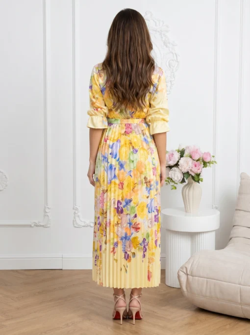 rochie-midi-galbena-plisata-cu-imprimeu-floral