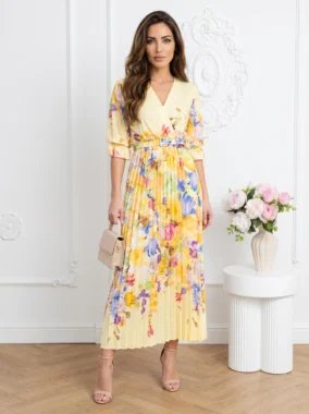 Rochie eleganta galbena plisata cu imprimeu floral