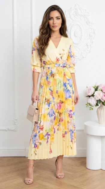 rochie-midi-galbena-plisata-cu-imprimeu-floral