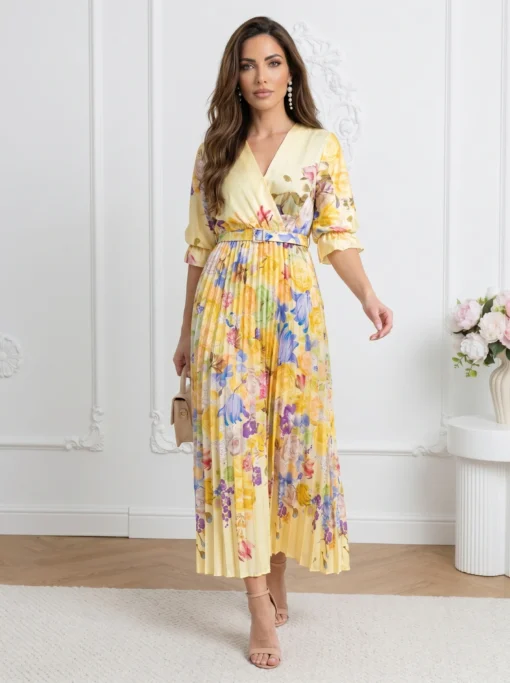rochie-midi-galbena-plisata-cu-imprimeu-floral