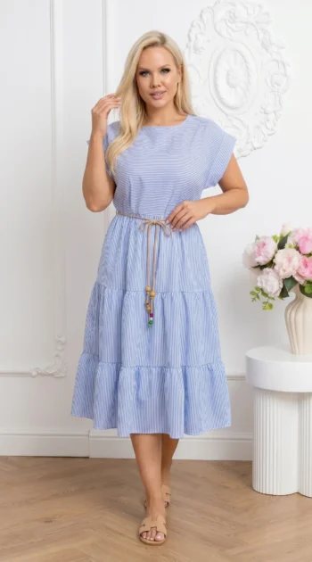 rochie-midi-in-dungi-alb-bleu-cu-volane-si-cordon-subtire-impletit
