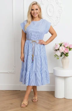 Rochie midi in dungi alb-bleu cu volane si cordon subtire impletit