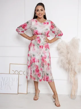Rochie midi in nuante pastel cu imprimeu floral si pliuri