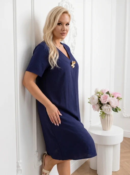 rochie-midi-lejera-bleumarin-cu-decolteu-in-v-si-brosa-aurie-tip-floare