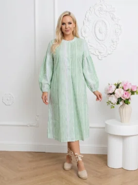 Rochie midi lejera cu dungi verticale si maneci bufante