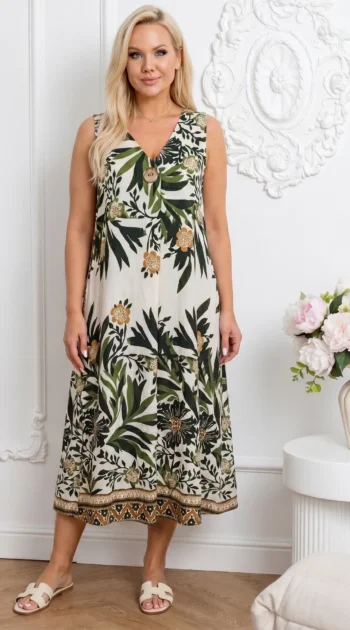 rochie-midi-lejera-cu-imprimeu-floral-decolteu-in-v-si-nasture-decorativ