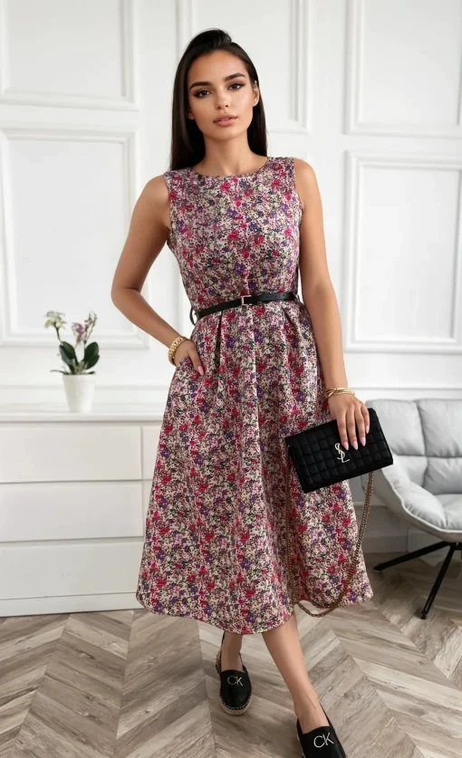 rochie-midi-lejera-cu-imprimeu-floral-si-curea-subtire