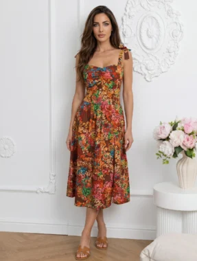 Rochie midi maro cu imprimeu floral bogat si bretele cu funda