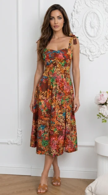rochie-midi-maro-cu-imprimeu-floral-bogat-si-bretele-cu-funda