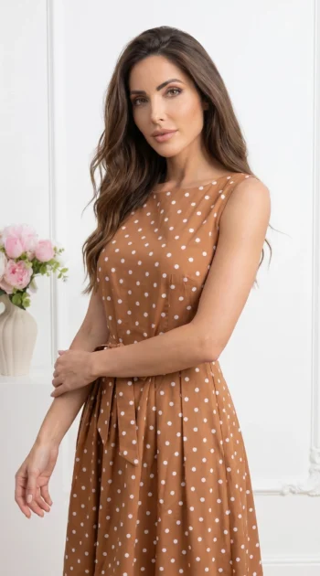 rochie-midi-maro-din-bumbac-cu-buline-si-cordon-in-talie
