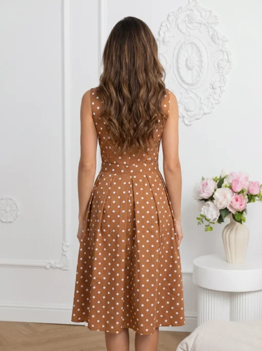 rochie-midi-maro-din-bumbac-cu-buline-si-cordon-in-talie