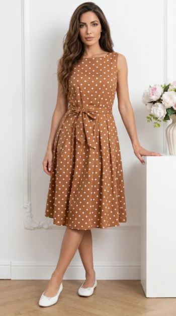 rochie-midi-maro-din-bumbac-cu-buline-si-cordon-in-talie
