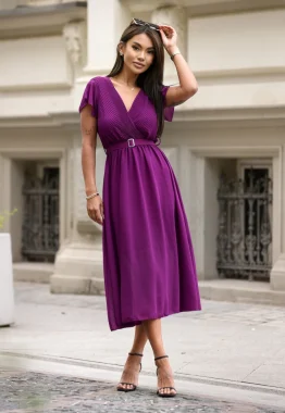 Rochie midi mov cu decolteu petrecut si curea in talie